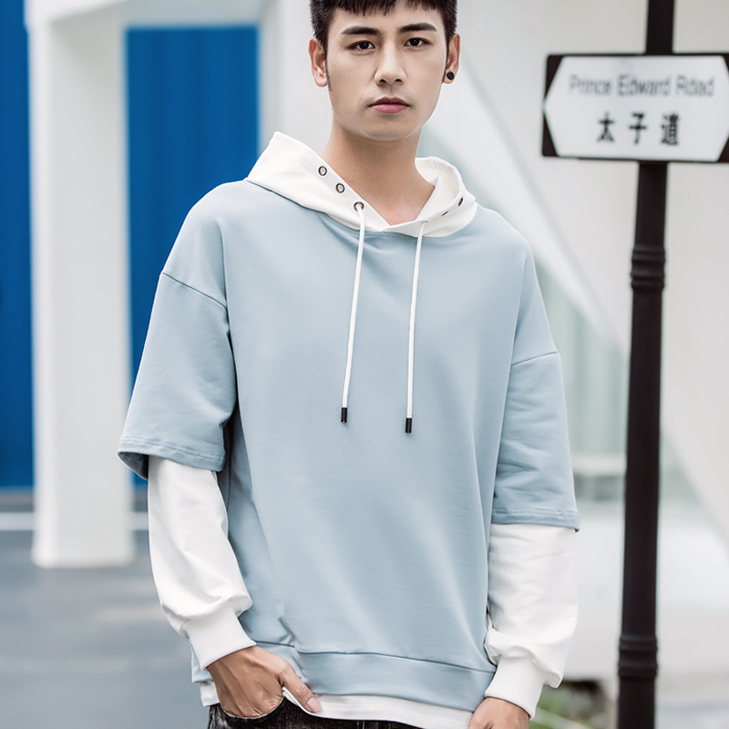 纯色假两件连帽卫衣男春秋2018新款韩版潮流宽松拼接学生套头帽衫