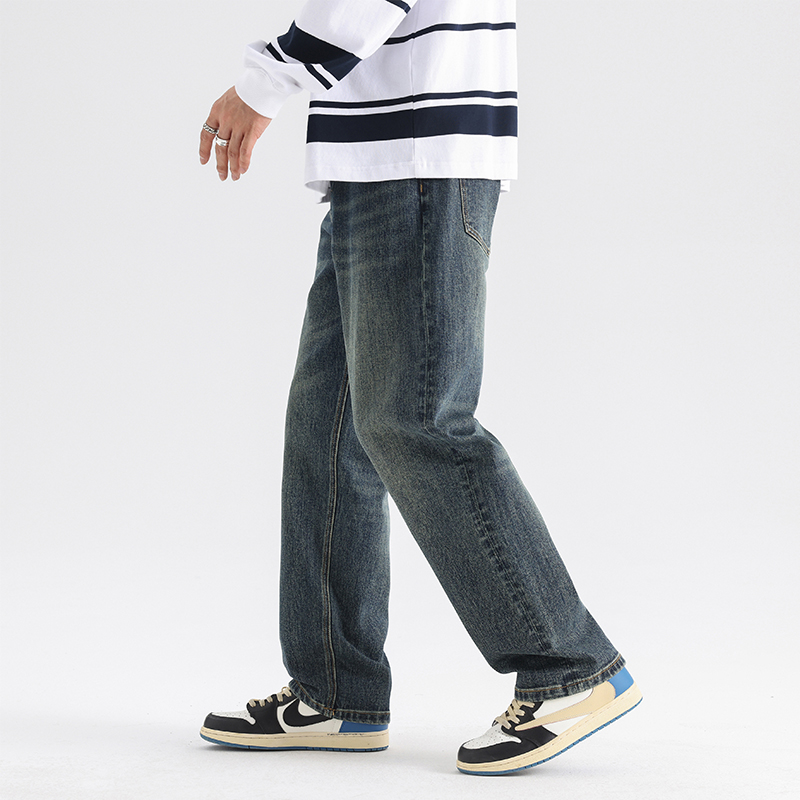 HR男士宽松直筒牛仔裤男美式复古高街潮牌牛仔弹力休闲长裤子男春