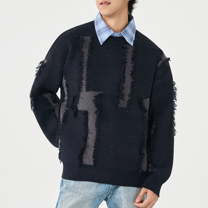 MC2025秋冬新款潮牌破洞圆领毛衣男士宽松百搭懒惰风针织衫乞丐版