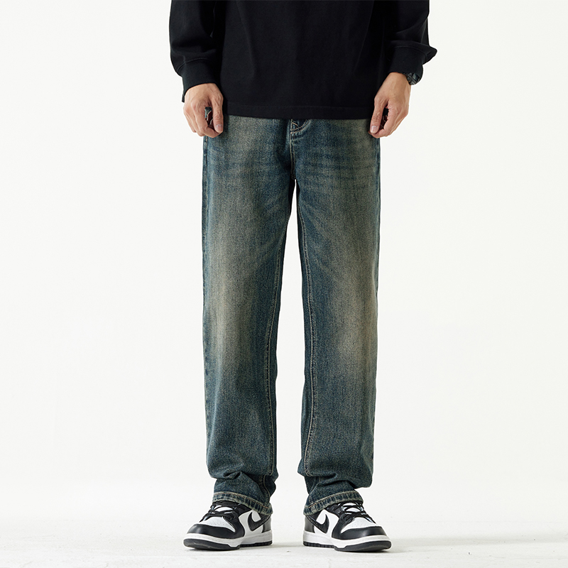 HR经典秋冬男生直筒水洗宽松潮牌牛仔裤子男高端时尚休闲长裤子男
