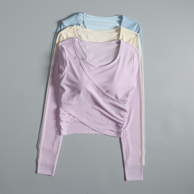 带胸垫瑜伽服长袖女秋冬季高颜值网纱跑步运动上衣普拉提健身T恤