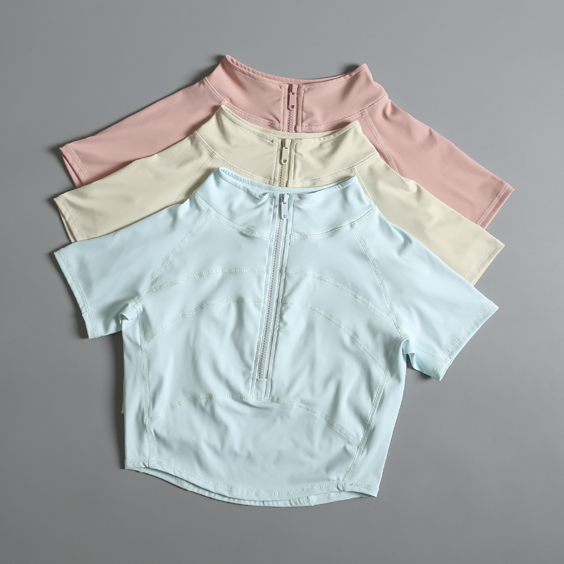 健身短袖女夏季半拉链修身高颜值短款露脐速干运动跑步训练瑜伽服