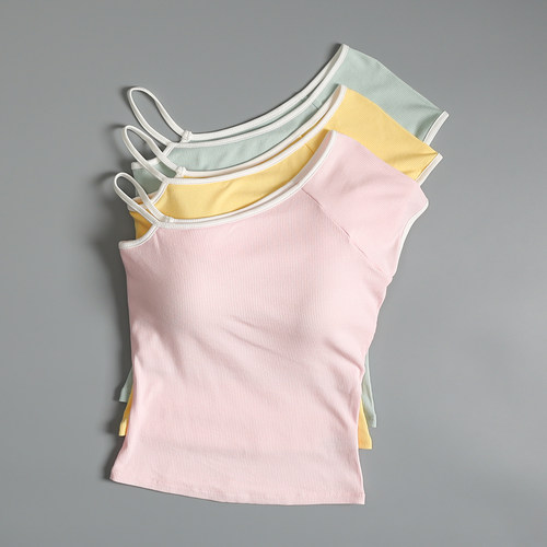 时尚斜肩运动背心女夏带胸垫跑步