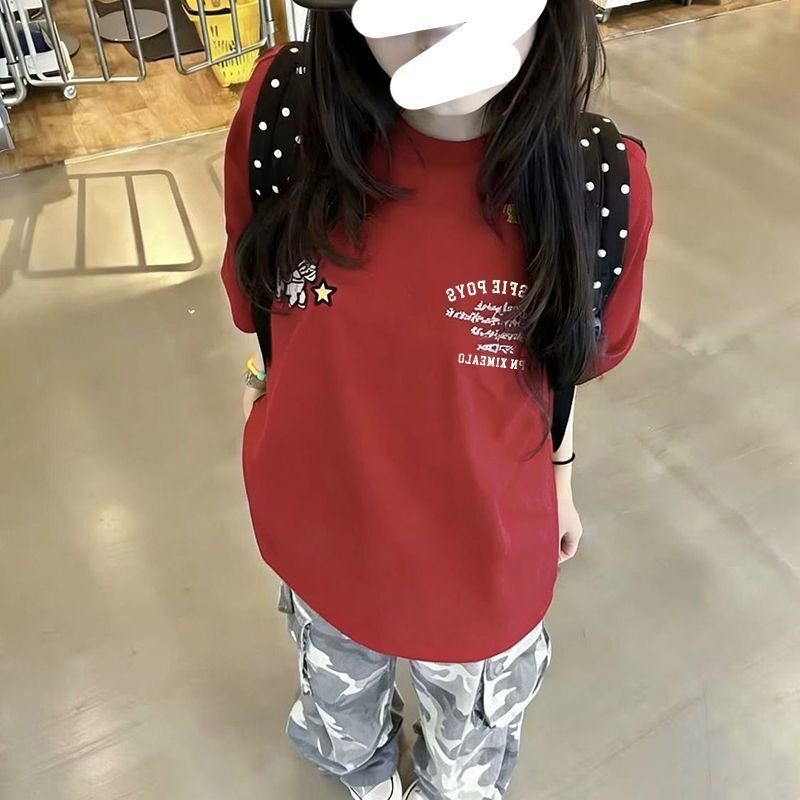 黑色美式高街刺绣字母纯棉短袖t