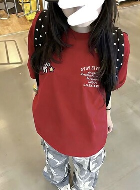 黑色美式高街刺绣字母纯棉短袖t恤女ersize夏季慵懒高级感上衣