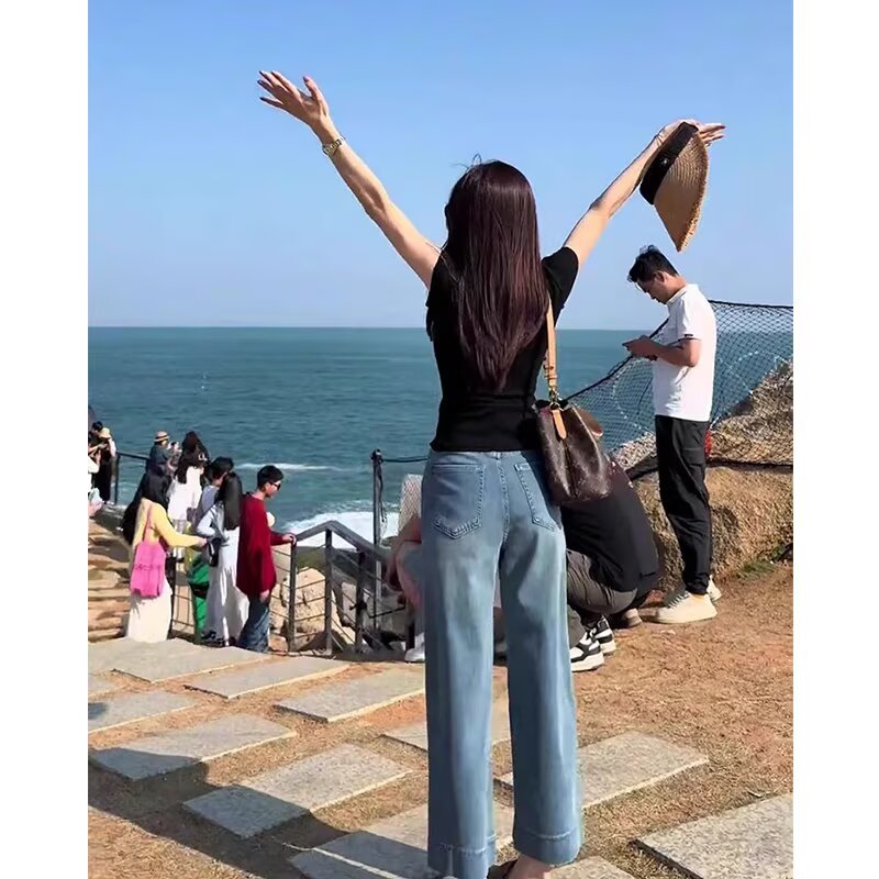 浅蓝天丝直筒牛仔裤女夏季薄款2大码裤装