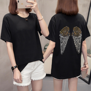 镶钻短袖t恤女大码女装胖mm夏装2024新款宽松遮肚子打底衫上衣潮