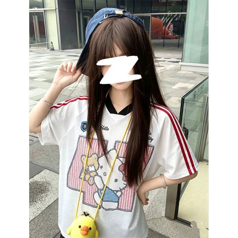 HelloKitty美式复古球衣网眼透气短袖T恤女夏季甜酷风V领拼接上衣 - 实物图