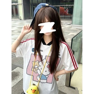 HelloKitty美式复古球衣网眼透气短袖T恤女夏季甜酷风V领拼接上衣