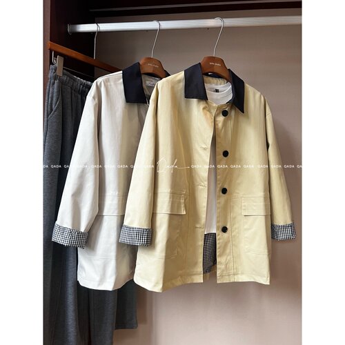 撞色翻领中长款英伦风大衣H40女休闲大口袋外套简约工装风上衣