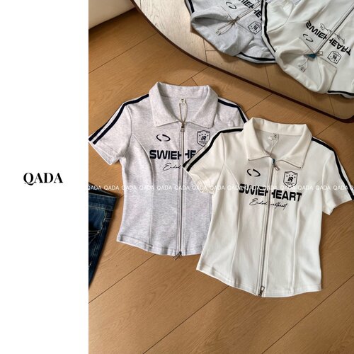 J58美式辣妹风翻领拉链短袖POLO衫女夏季修身显瘦百搭运动T恤上衣