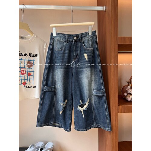 美式破洞牛仔裤女七分裤J56~ 夏秋宽松高腰阔腿工装裤中裤包邮