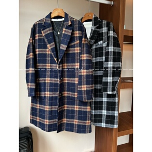 【含羊毛】夹棉加厚大格子西装毛呢外套女F19~中长款秋冬百搭风衣