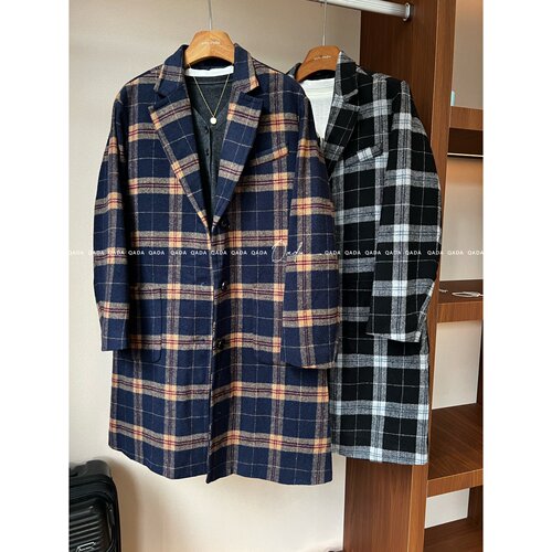 【含羊毛】夹棉加厚大格子西装毛呢外套女F19~中长款秋冬百搭风衣