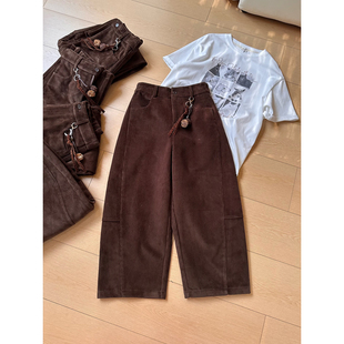 100%棉 女春复古高腰显瘦阔腿裤 慵懒宽松香蕉裤 H16灯芯绒弯刀裤