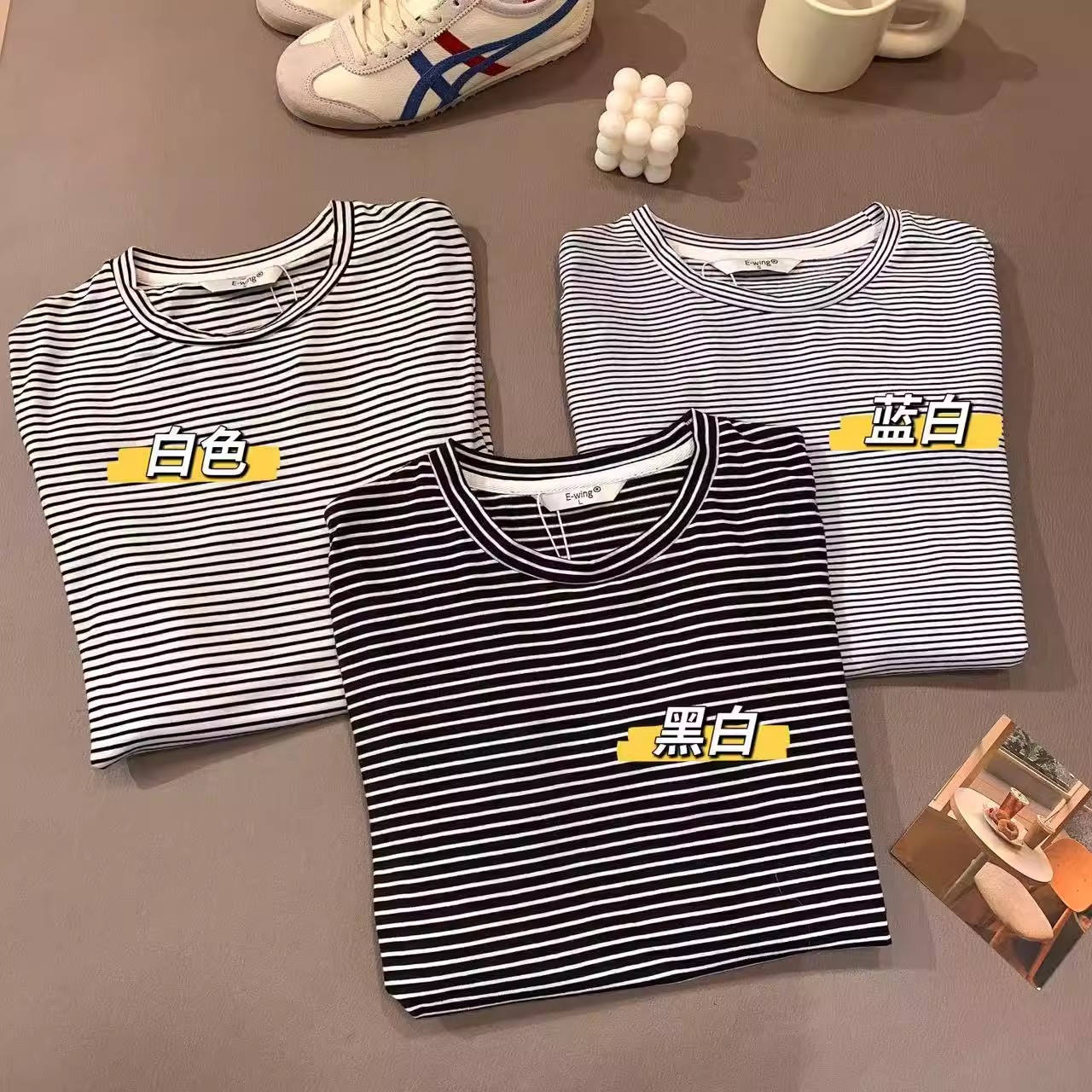 A51条纹T恤女短袖纯棉正肩2025夏宽松慵懒风设计感不规则半袖上衣