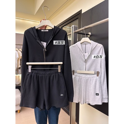 A34休闲运动套装女早秋季华夫格连帽外套高腰直筒阔腿短裤两件套