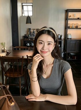 J3纯色大U领包肩小飞袖T恤女夏季薄款弹力修身显瘦灰色简约上衣