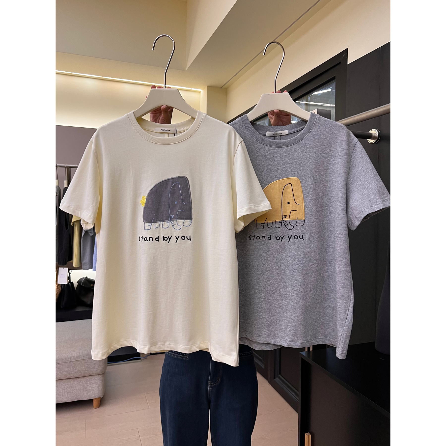 【AT*原单】Q53全棉短袖T恤女夏秋宽松百搭大象刺绣休闲内搭上衣