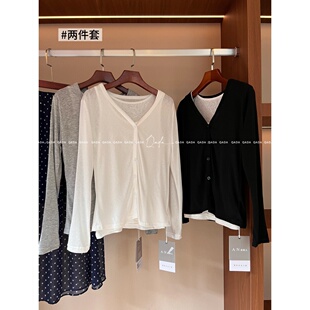 捡漏。韩系针织开衫女薄款Q50 内搭打底背心长袖上衣两件套空调衫