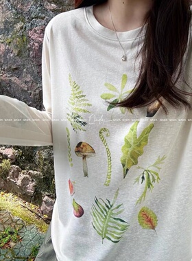 A49清新浅绿条纹植物印花长袖T恤女薄款透气慵懒防晒罩衫打底上衣