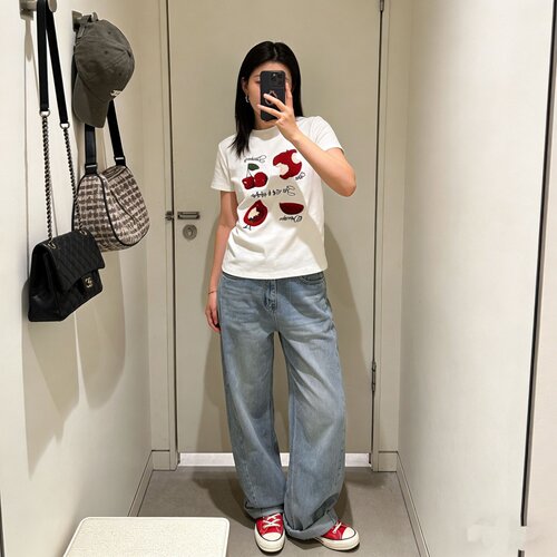 【原单】J57苹果刺绣短袖T恤女韩系夏季赛罗棉宽松减龄正肩上衣