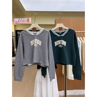 柜219！J89休闲V领卫衣女宽松慵懒早秋季学院风短款外套长袖上衣