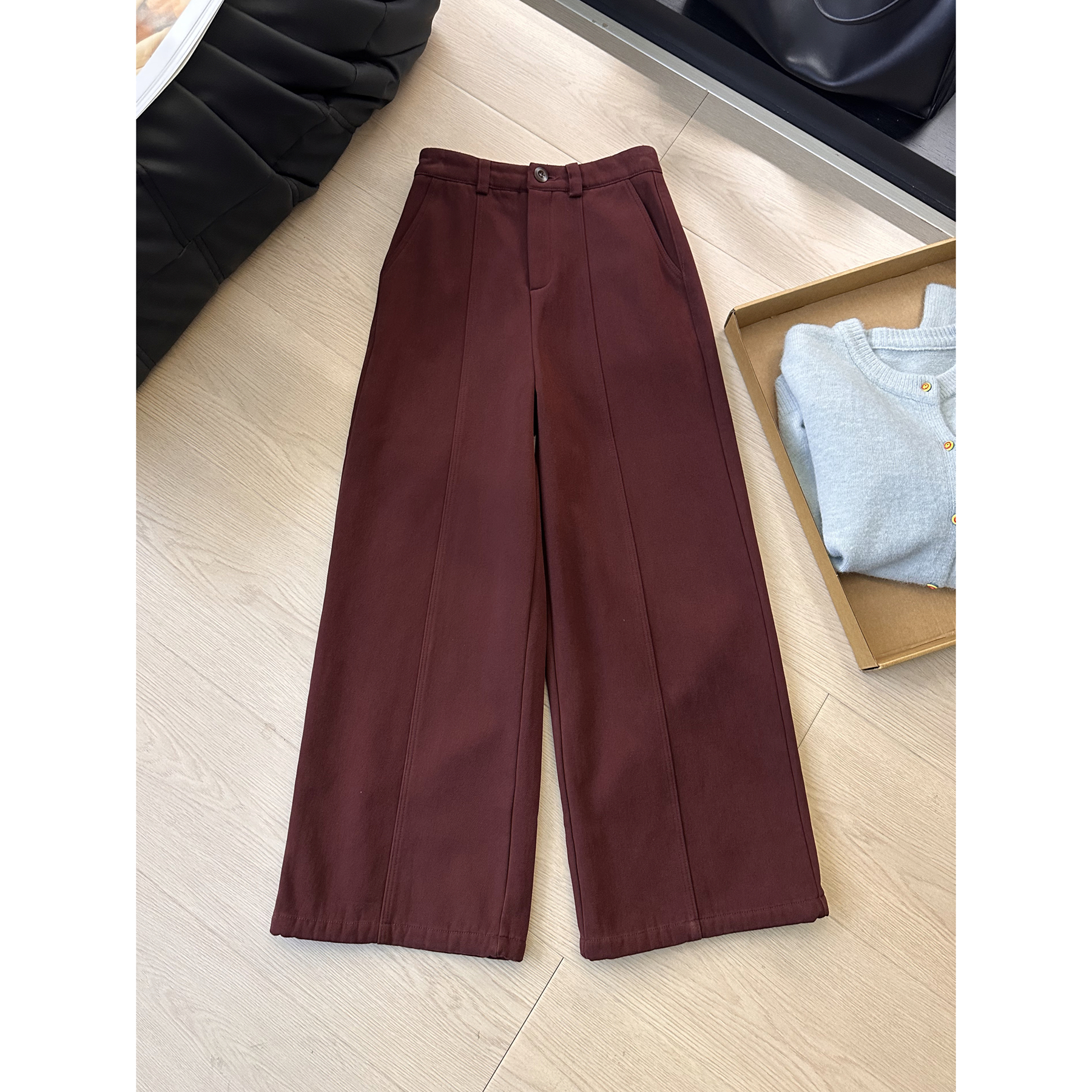 【原单】Q3加绒阔腿牛仔裤女冬季韩版高腰宽松加厚保暖九分直筒裤