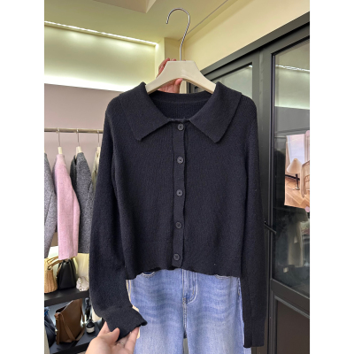 A5韩系黑色Polo领针织衫女2025秋季新款宽松百搭显瘦毛衣开衫外套