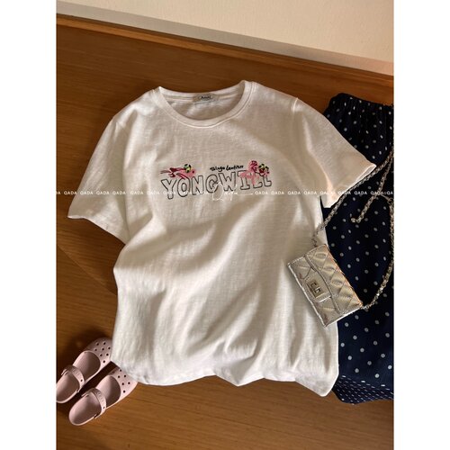 Amni韩系Q78卡通字母刺绣短袖T恤女夏季宽松圆领百搭减龄休闲上衣
