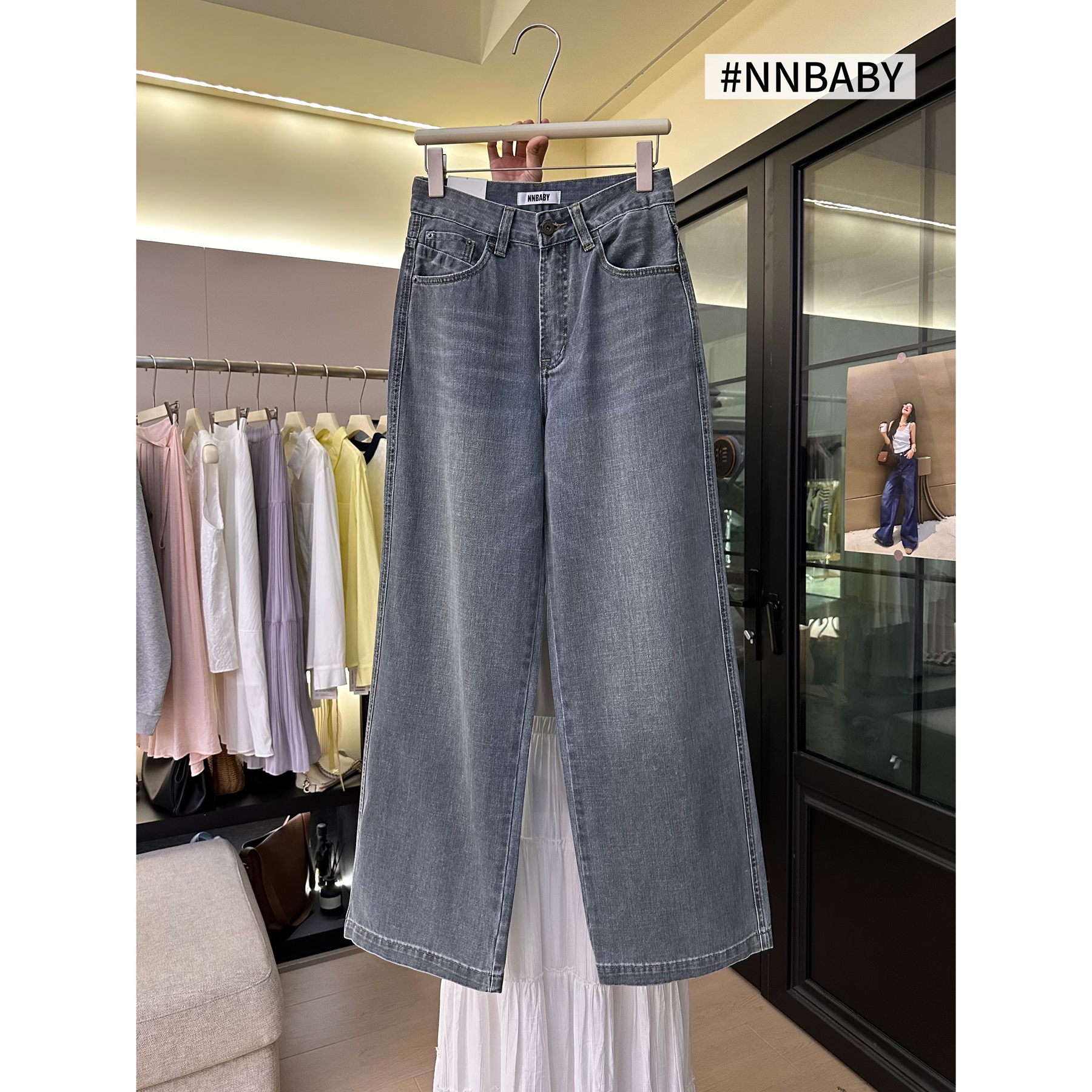 【十三行NN*baby】J39阔腿牛仔裤女微弹力韩版高腰宽松直筒拖地裤