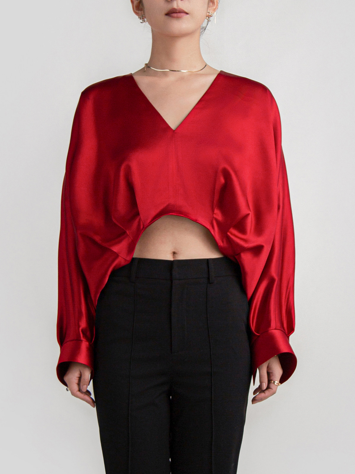 日本水波纹三醋酸面料暗红色 v领扇形袖上衣衬衫 umutopia有沐