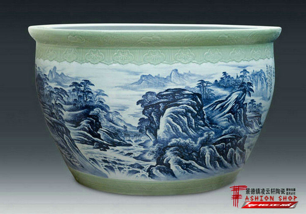 景德镇陶瓷器特大号全手工雕刻手绘大好河山1.2米鱼缸水缸摆件