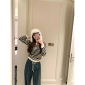 AHY 套头毛衣 内搭蕾丝拼接长袖 条纹羊毛针织上衣女冬季 2024新款