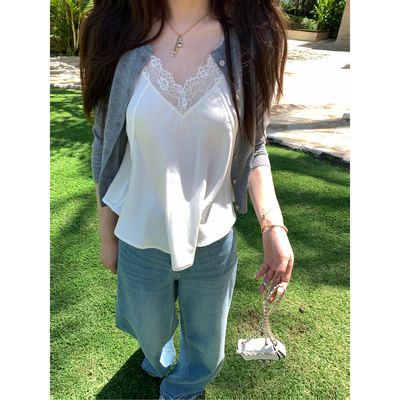 【AHY】天丝缎面v领蕾丝背心吊带