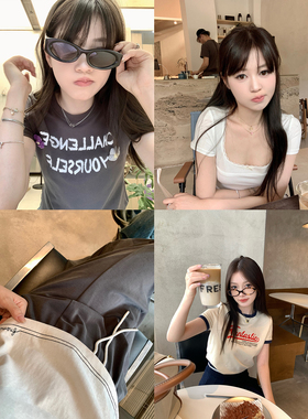 【AHY 25春夏折扣+立减】 短款白色蕾丝T恤韩系字母印花上衣