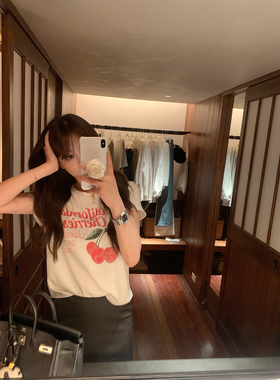 AHY 复古甜心经典正肩抗皱高弹做旧水印印花短袖T恤女新品