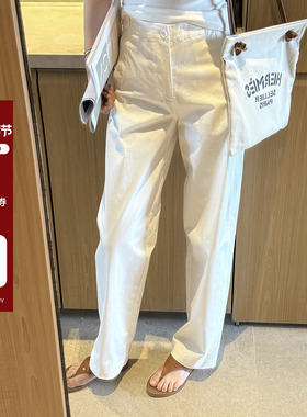 现货AHY 纯棉白色直筒休闲裤女2025新款宽松bf慵懒风萝卜裤卡其色