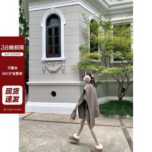 100绵羊毛时髦精披肩围巾斗篷大衣氛围感毛呢外套新品 现货 AHY