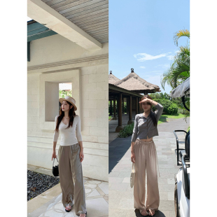 鎏金裸粉100醋酸抽绳松紧腰休闲直筒长裤 夏日滑滑裤 新品 AHY