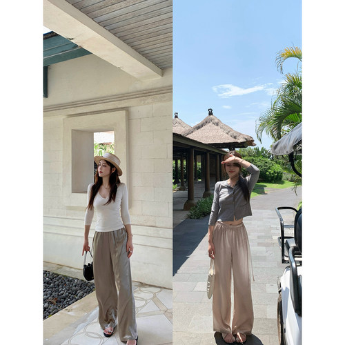 【AHY】醋酸抽绳松紧腰直筒长裤