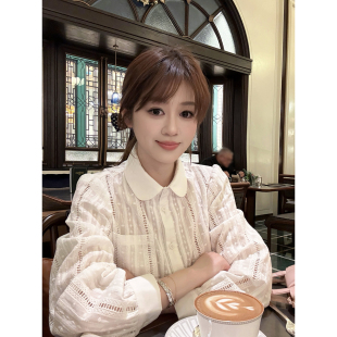 女2025重工镂空宽松法式 衬衫 衬衣上衣 白色全棉娃娃领长袖 现货AHY