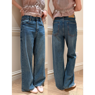 直筒牛仔裤 100%棉重工水洗蓝高腰口袋细节经典 女新品 AHY