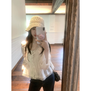 上衣女夏 100棉复杂拼蕾丝小衫 AHY 钟灵毓秀素雅精致纯色衬衫