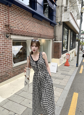 AHY 长款黑白格无袖连衣裙+背心上衣两版女2024夏季新款显瘦裙子