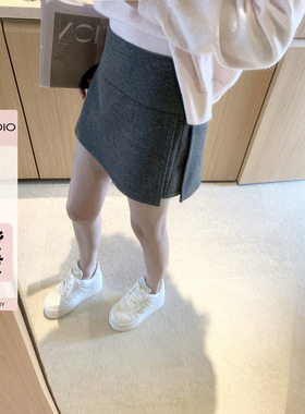 现货AHY 绵羊毛醋酸假两件短款半身裙女2025新款高腰