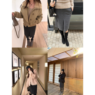 50羊毛百搭不挑人高腰直筒中裙呢料半身裙冬季 智性裙 新品 AHY