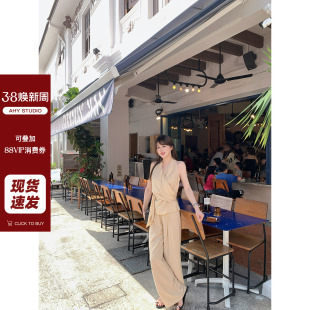新品 现货AHY 套装 挂脖气质两件套阔腿裤 人棉混纺气质优雅老钱无袖