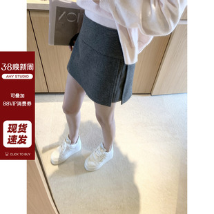 高腰 半身裙女2025新款 现货AHY 绵羊毛醋酸假两件短款