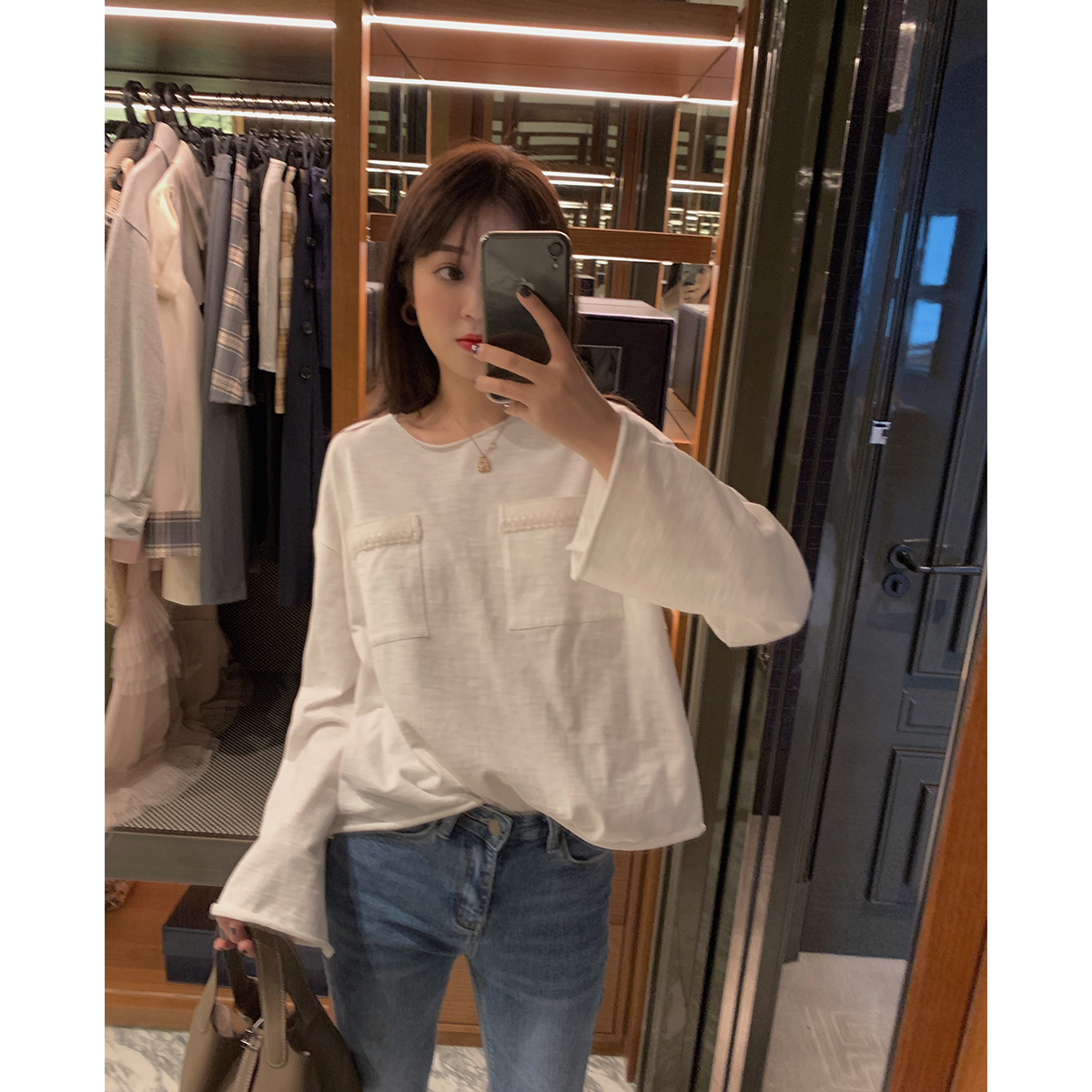满89.00元可用1元优惠券AHY 网红百搭t恤女2019初秋新款潮纯色宽松体恤韩版长袖上衣薄款